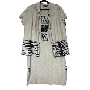 Vtg Positive Influence XL 100% Linen 2PC SET‎ Midi Dress Zebra Lagenlook Safari